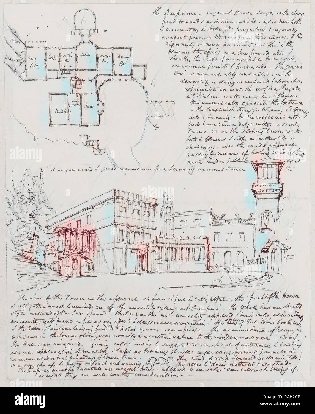 Vue en perspective et le plan de l'Deepdene, Surrey, UK, Charles Robert Cockerell sketchbook feuilles, Cockerell, C. R. repensé Banque D'Images