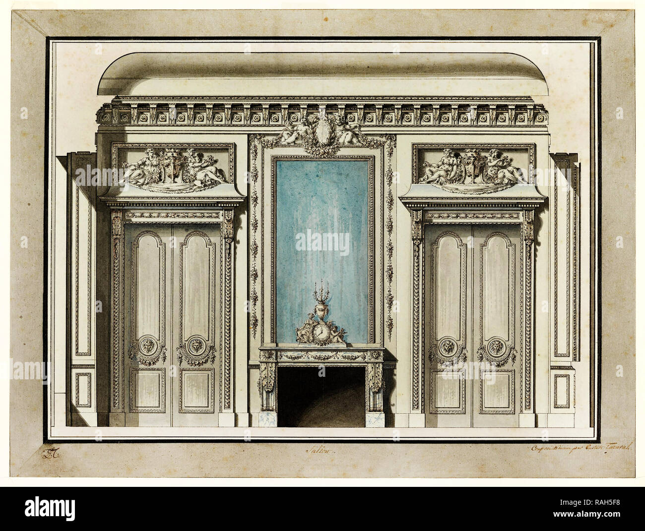 Louis-Gustave Taraval, Section d'un salon, vers 1785, Plume, encre noire, Aquarelle, craie noire sur papier, Cooper Hewitt, Smithsonian Design Museum, USA. Banque D'Images