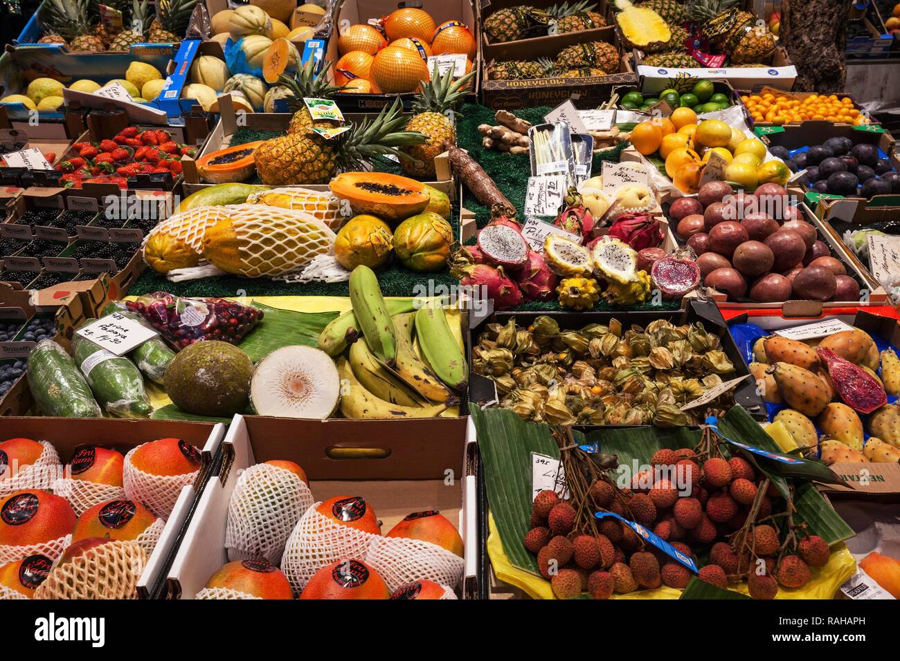 Stand de vente, divers fruits et légumes, marché couvert, Stuttgart Stuttgart, Bade-Wurtemberg, Allemagne Banque D'Images