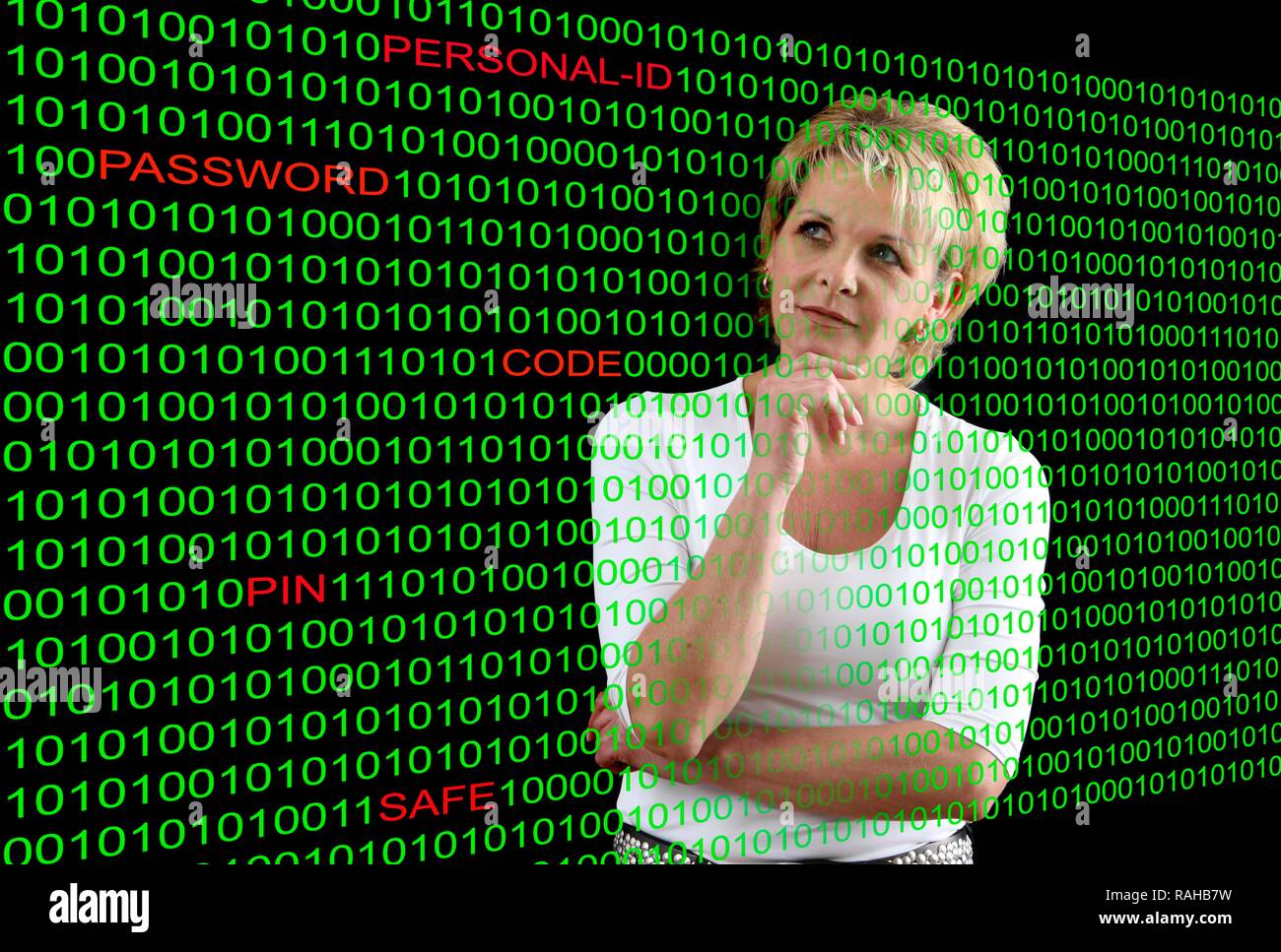 Femme avec un code de l'ordinateur et les mots mis en évidence par l'identification personnelle, mot de passe, code PIN, et coffre-fort, image symbolique pour ordinateur Banque D'Images