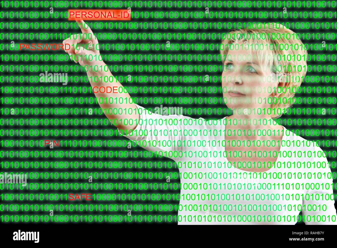 Femme avec un code de l'ordinateur et le mot 'ID' Personnelle, image symbolique pour les pirates informatiques, la sécurité des données, la criminalité informatique Banque D'Images