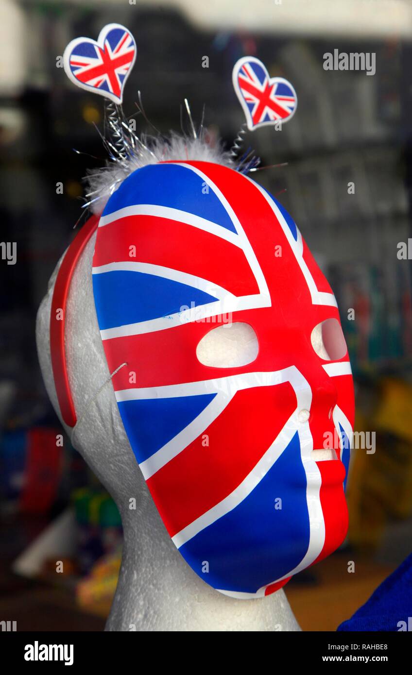 Masque avec des antennes, aux couleurs de l'Union Jack, Oxford, Oxfordshire, Royaume-Uni, Europe Banque D'Images