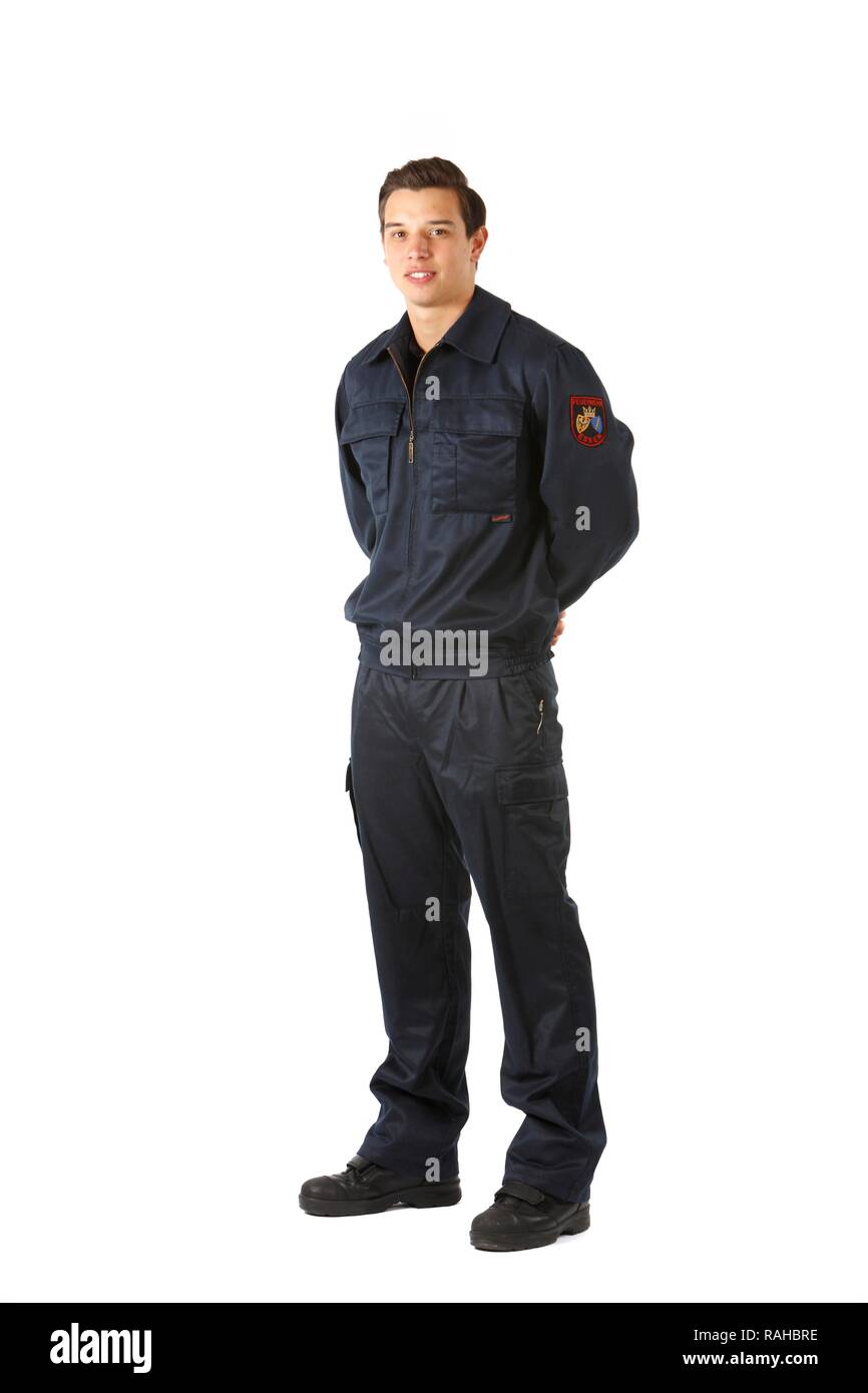Pompier portant l'uniforme porté au quotidien, pompier professionnel de la Berufsfeuerwehr Essen, Essen Banque D'Images