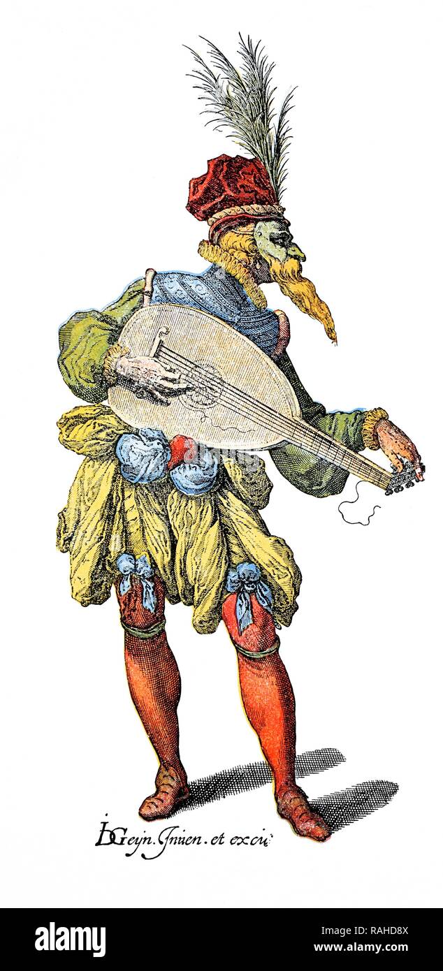Le joueur de guitare, de l'image Hosenlatzmode fashion, masque de droit par J. D. Geyn, vers 1700 Banque D'Images
