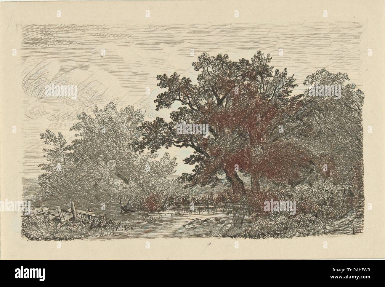 Arbres dans une flaque, imprimer bouilloire : Remigius Adrianus Haanen, ch. 1827 - 1879. Repensé par Gibon. L'art classique avec un repensé Banque D'Images