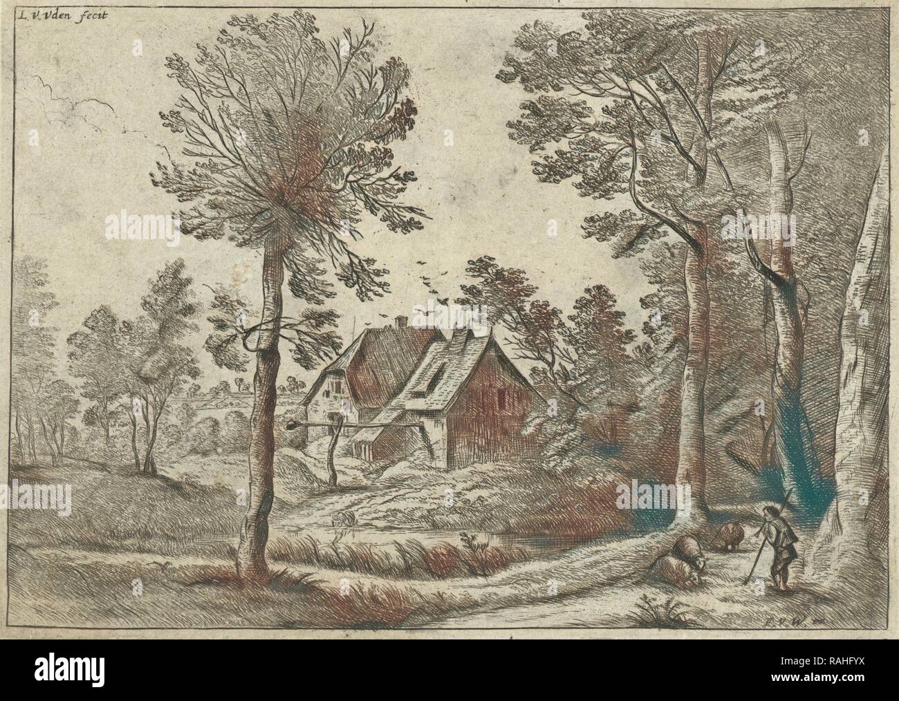 Paysage avec un berger et jouant de la flûte dans une ferme, Lucas van Uden, 1605 - 1673. Repensé par Gibon. L'art classique avec repensé Banque D'Images