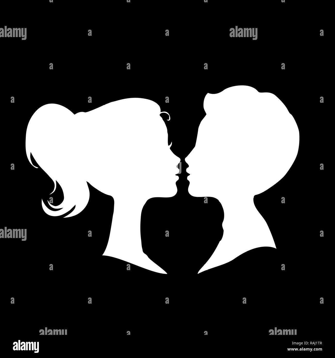 Silhouettes blanches de couple aimant isolé sur fond noir. Illustration monochrome, icône, symbole d'amour, signe, clip art. Banque D'Images