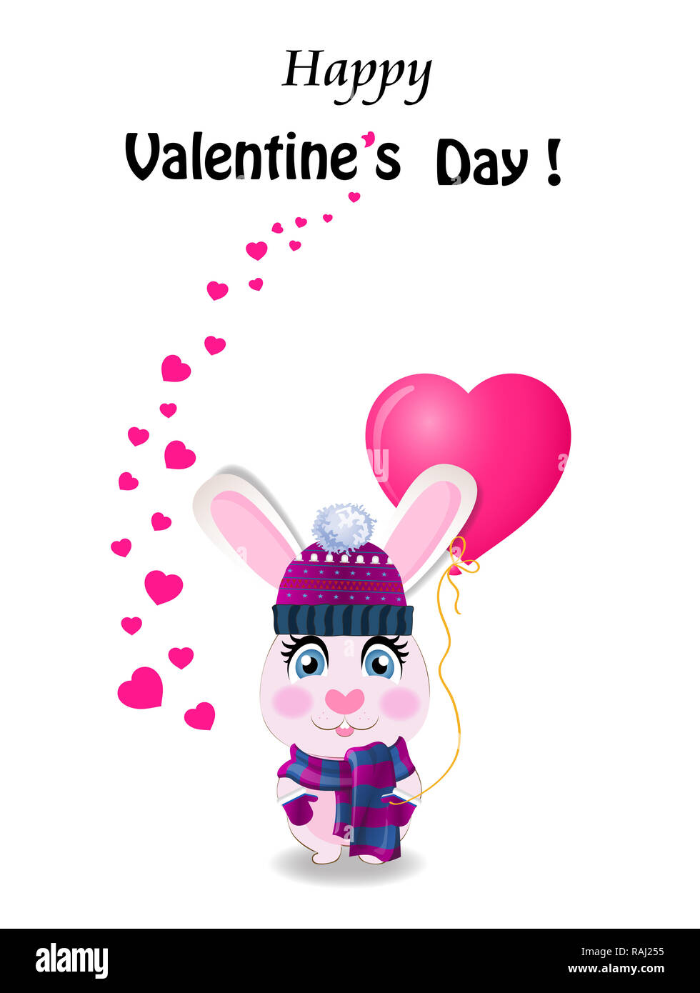Carte de voeux de la Saint-Valentin avec cute cartoon lapin en violet bonnet, écharpe en tricot et mitaines holding heart shaped balloon rose et beaucoup de petits entendre Banque D'Images