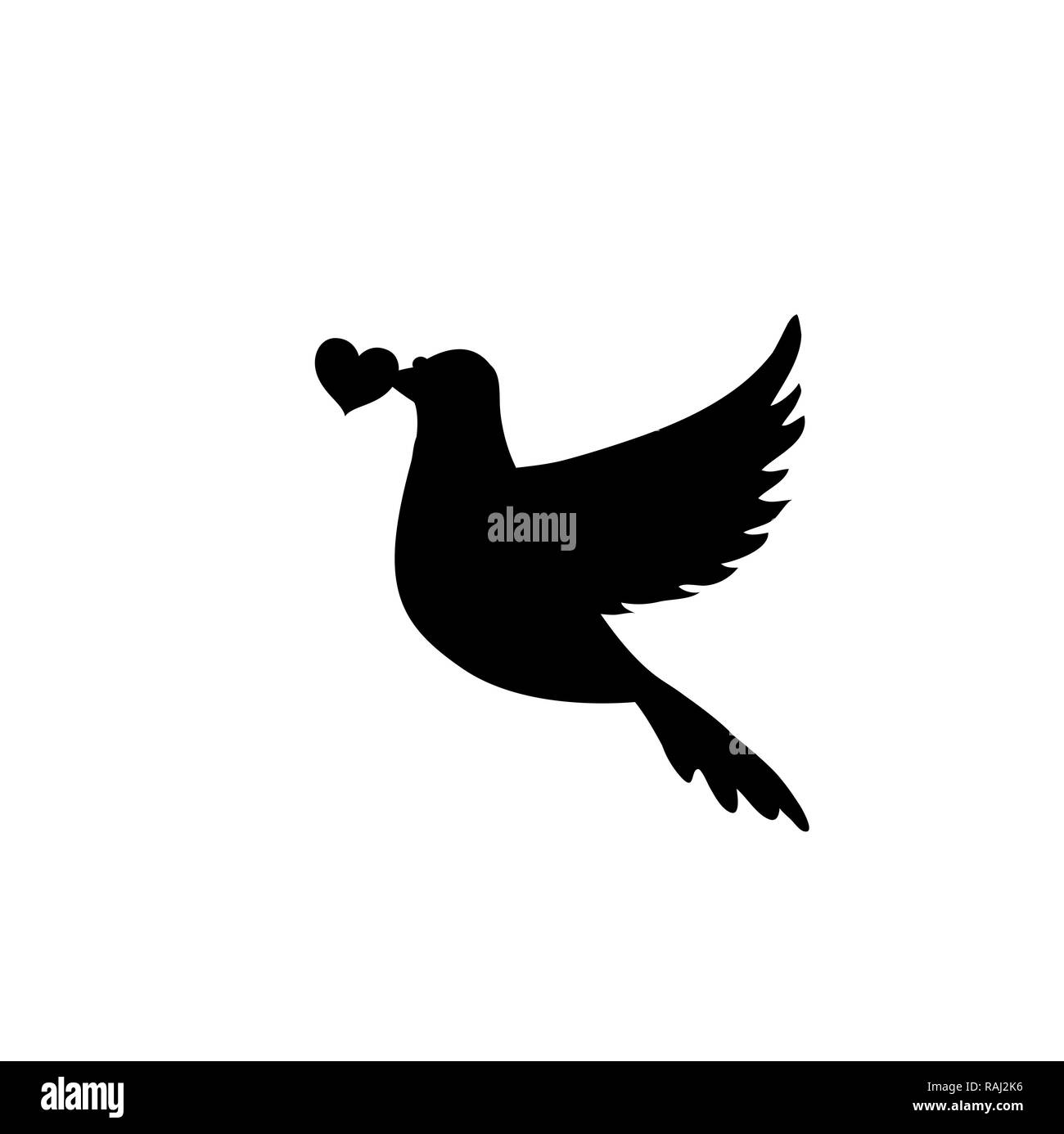 Silhouette Noire De Flying Pigeon Au CÅur De Bec Sur Fond Blanc Colombe De La Paix Symbole D Amour Signe D Oiseaux Concept Clip Art Pour Mariage Va Photo Stock Alamy