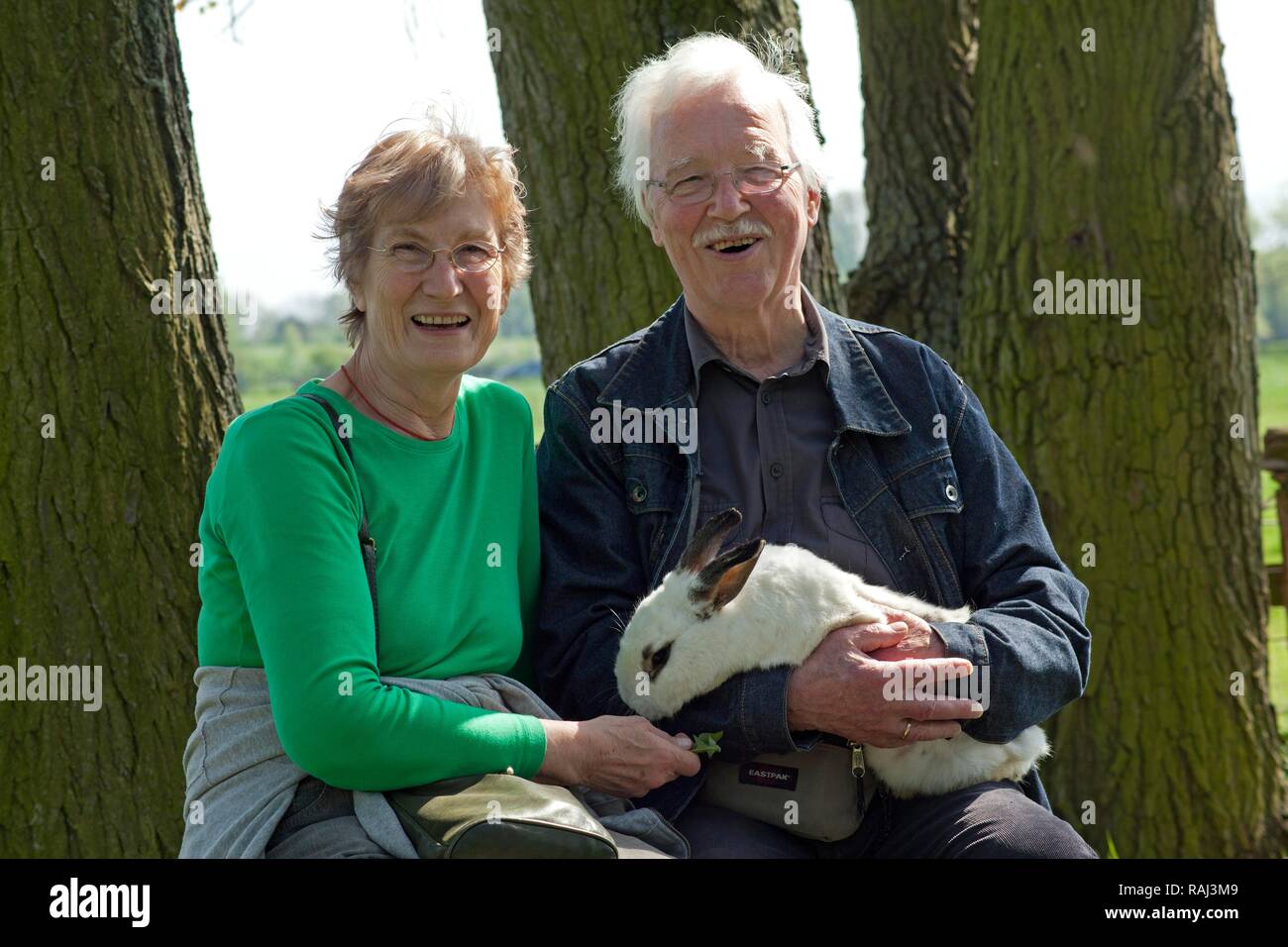 Vieux couple tenant un lapin dans une ferme pour enfants ou zoo, Wilhelmsburg, Hambourg Banque D'Images