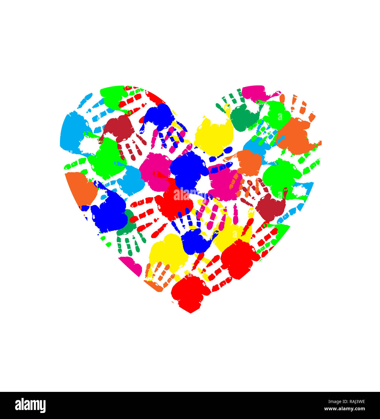 Cœur vibrant de l'icône main imprime multicolore isolé sur fond blanc. illustration, logo, symbole de l'enfance art. clip, multiculturelle f Banque D'Images