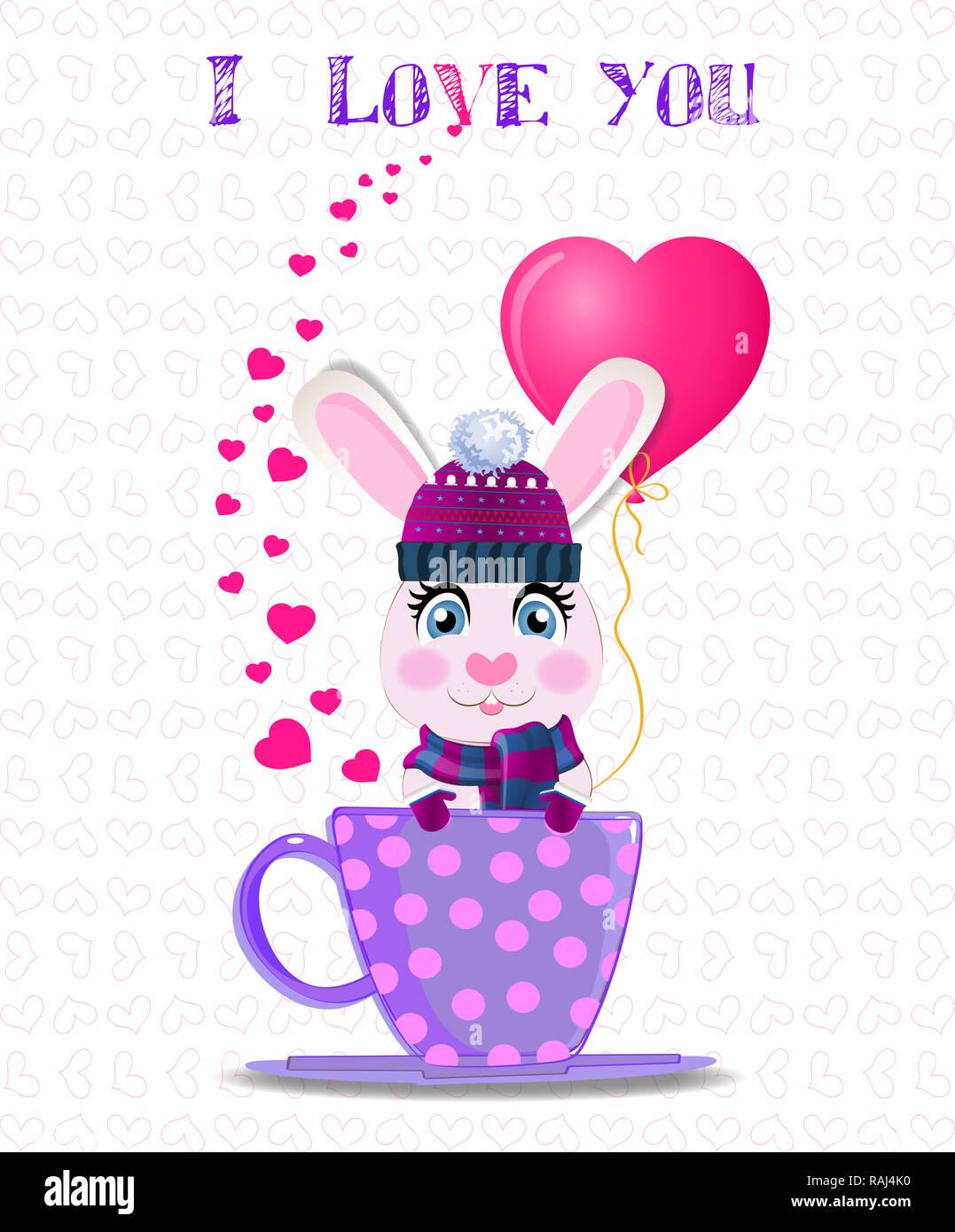 Carte de souhaits avec cute cartoon lapin en violet bonnet, écharpe en tricot et mitaines holding ballon coeur rose lilas, assis dans la tasse à pois et t Banque D'Images