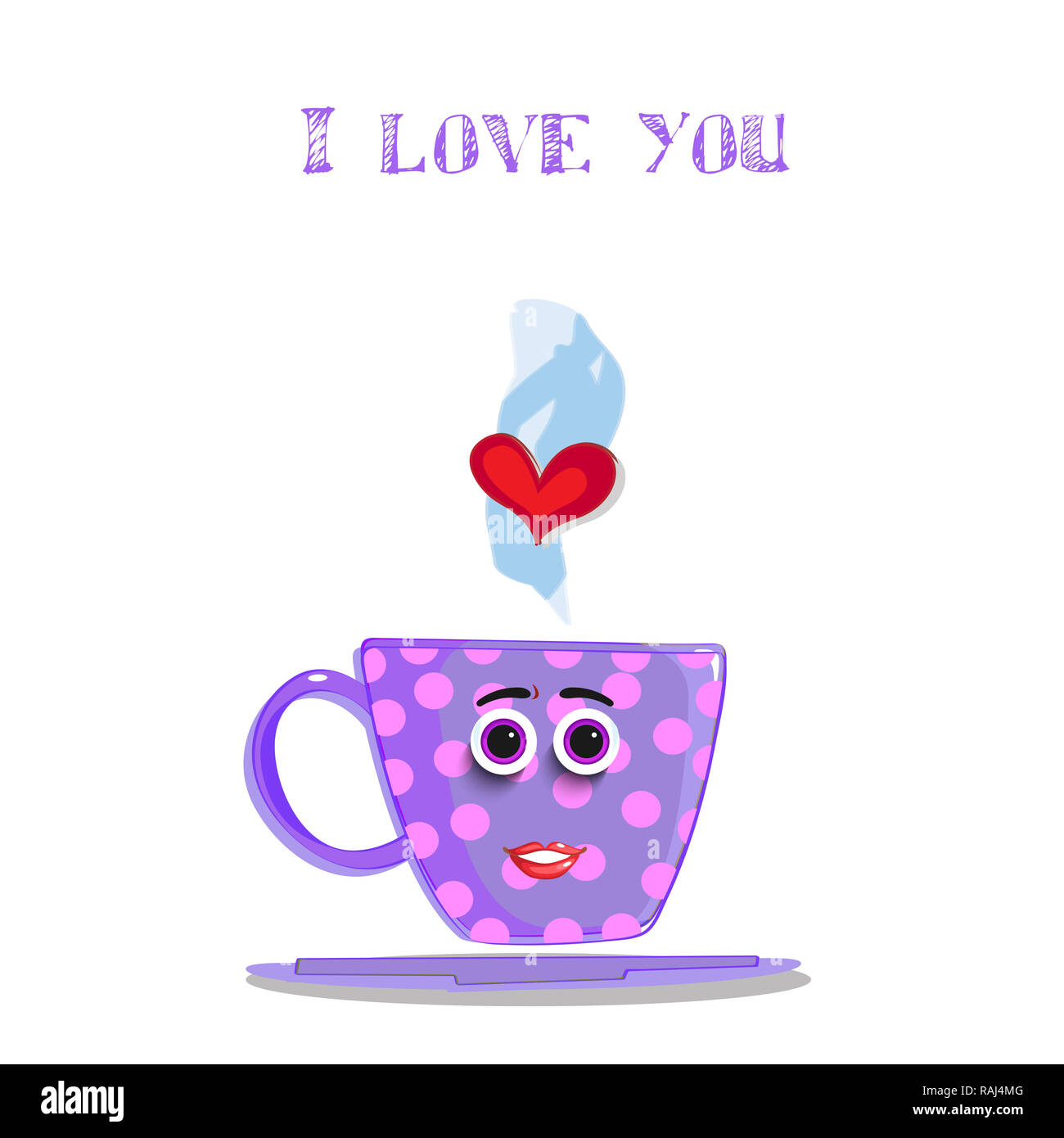 Je t'aime carte avec cute smiling lilac mug avec visage de la fille,  lèvres, yeux, motif à pois rose et rouge coeur en vapeur. illustration,  love clip ar Photo Stock - Alamy