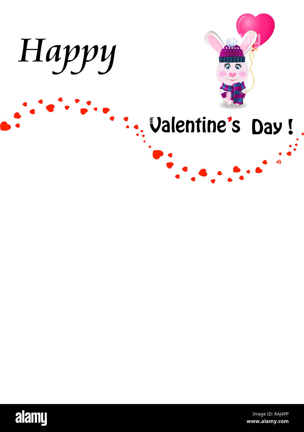 Carte de voeux de la Saint-Valentin avec cartoon en lapin tricoté violet hat holding heart shaped balloon rose et coeurs confetti frontière vague sur bac blanc Banque D'Images