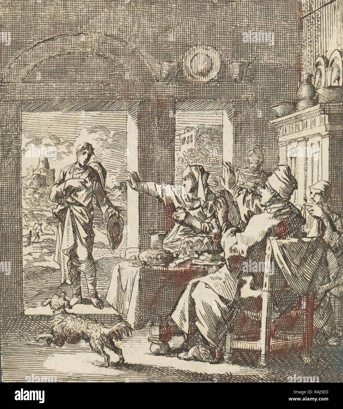 Famille fait des gestes dédaigneux à un pauvre homme qui demande de l'aide, Jan Luyken, mer. Pieter Arentsz, Cornelis van der repensé Banque D'Images