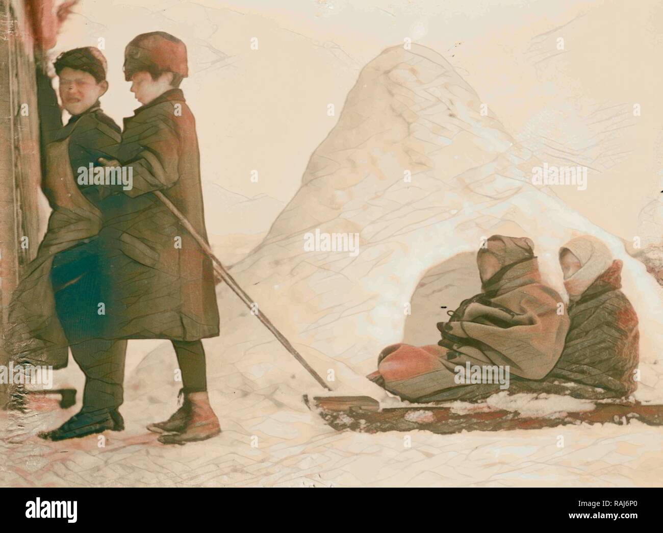 La neige à Jérusalem 1921 tirant les enfants les enfants sur un traîneau. 1921, en Israël. Repensé par Gibon. L'art classique avec un repensé Banque D'Images