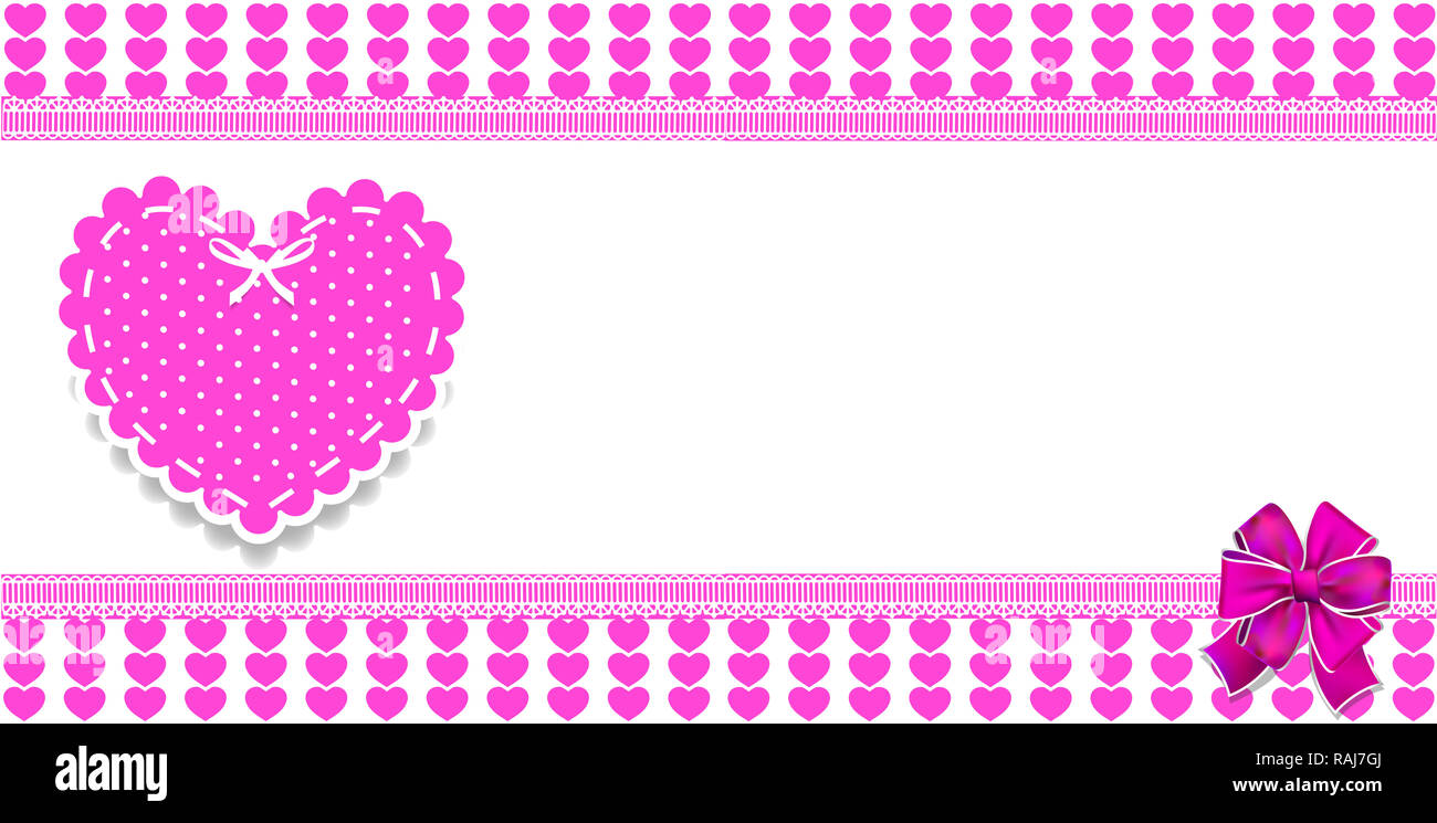 Cute modèle avec motif coeurs roses, l'espace pour le texte et les gros autocollant coeur dentelle à pois et ruban. border, cadre, bannière, affiche pour vale Banque D'Images