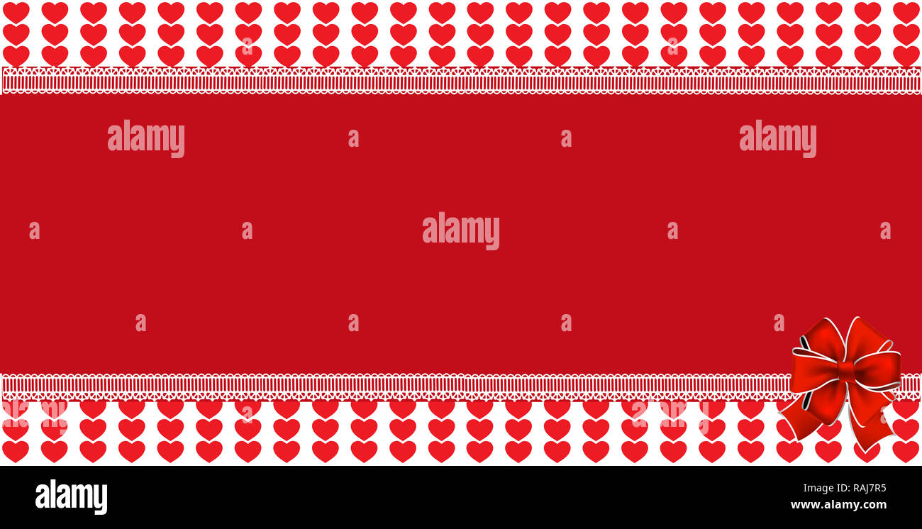 Enveloppé de fête modèle avec espace pour texte et ruban sur fond rouge à rayures et coeurs encadrée avec dentelle. Résumé de l'élément de conception . Noël, n Banque D'Images