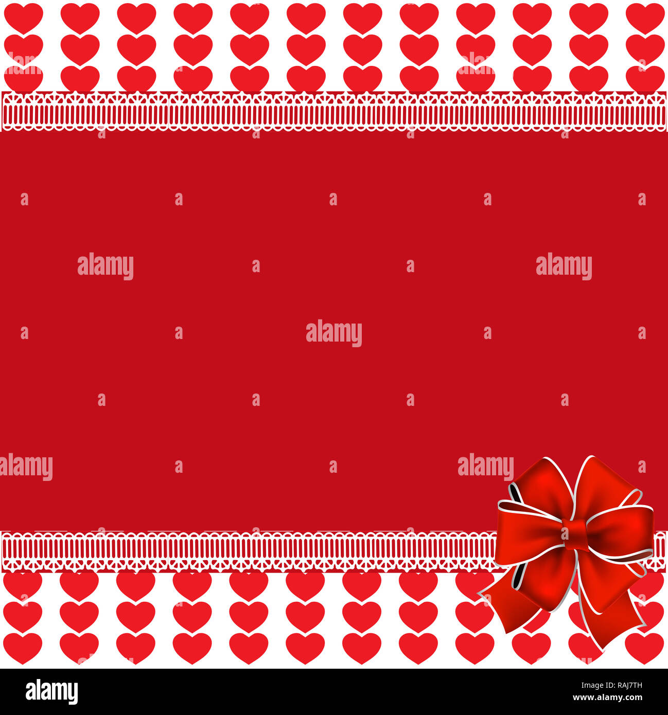 Modèle de fête avec de l'espace pour le texte sur fond blanc et rouge avec coeur rouge encadrée de bandes et dentelle bow de fête. L'amour, à la frontière ou valentines Banque D'Images