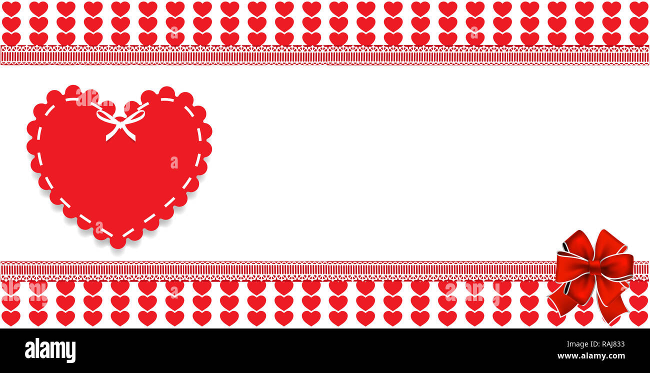 À l'archet sur le rouge et blanc à rayures hearts encadré de dentelle. Résumé de l'élément de conception . frontière, cadre. Banque D'Images