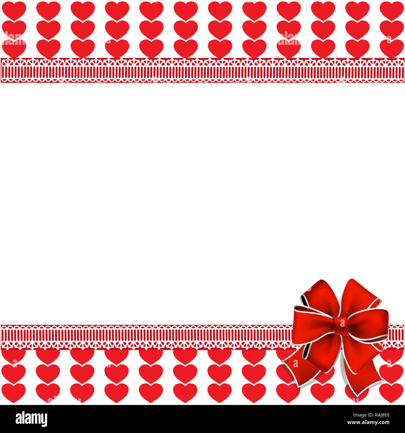 Modèle de fête avec coeurs rouges rayures, dentelle, arc et de l'espace pour le texte sur fond blanc. Love border, valentines, Mariage ou anniversaire, l'arrière-plan Banque D'Images