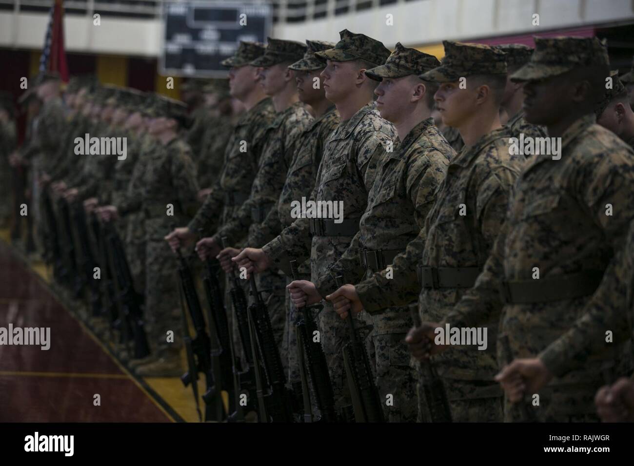 Les Marines américains avec le Siège de l'AC (NE) Bataillon, 2e Division de Marines (2d MARDIV), participer à une cérémonie de passation de commandement à Camp Lejeune, en Caroline du Nord, le 9 février 2017. Le Lieutenant-colonel du Corps des Marines américain John C. Golden, commandant de l'AC, BN, 2d MARDIV, a quitté le commandement au Colonel Samuel C. Cook durant la cérémonie. Banque D'Images