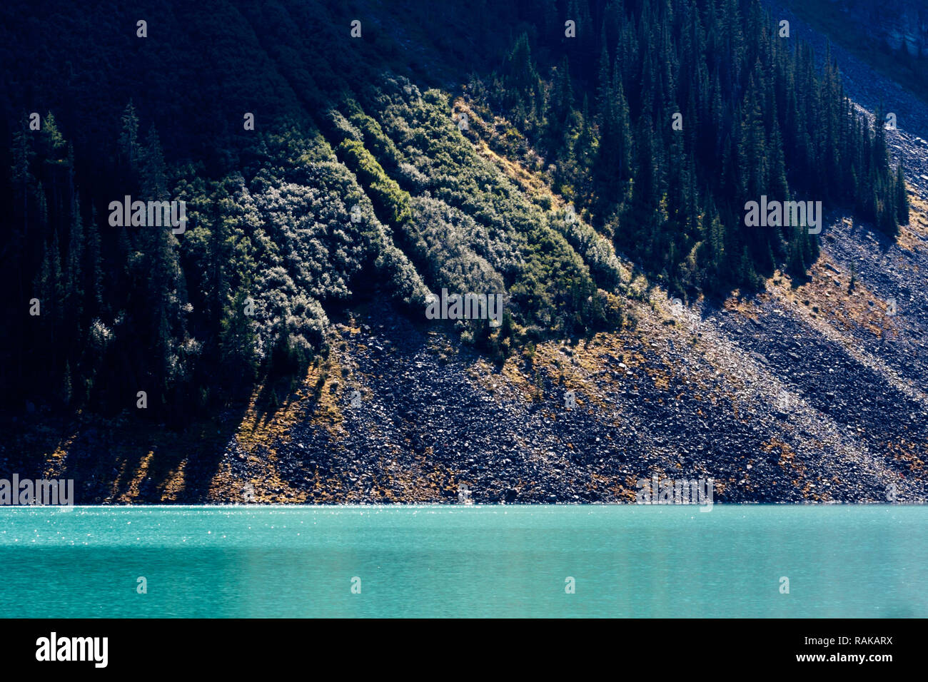 La lumière et les ombres révèlent la beauté des montagnes Rocheuses, les arbres et l'eau turquoise du lac Louise dans le parc national de Banff, Alberta, Canada. Banque D'Images