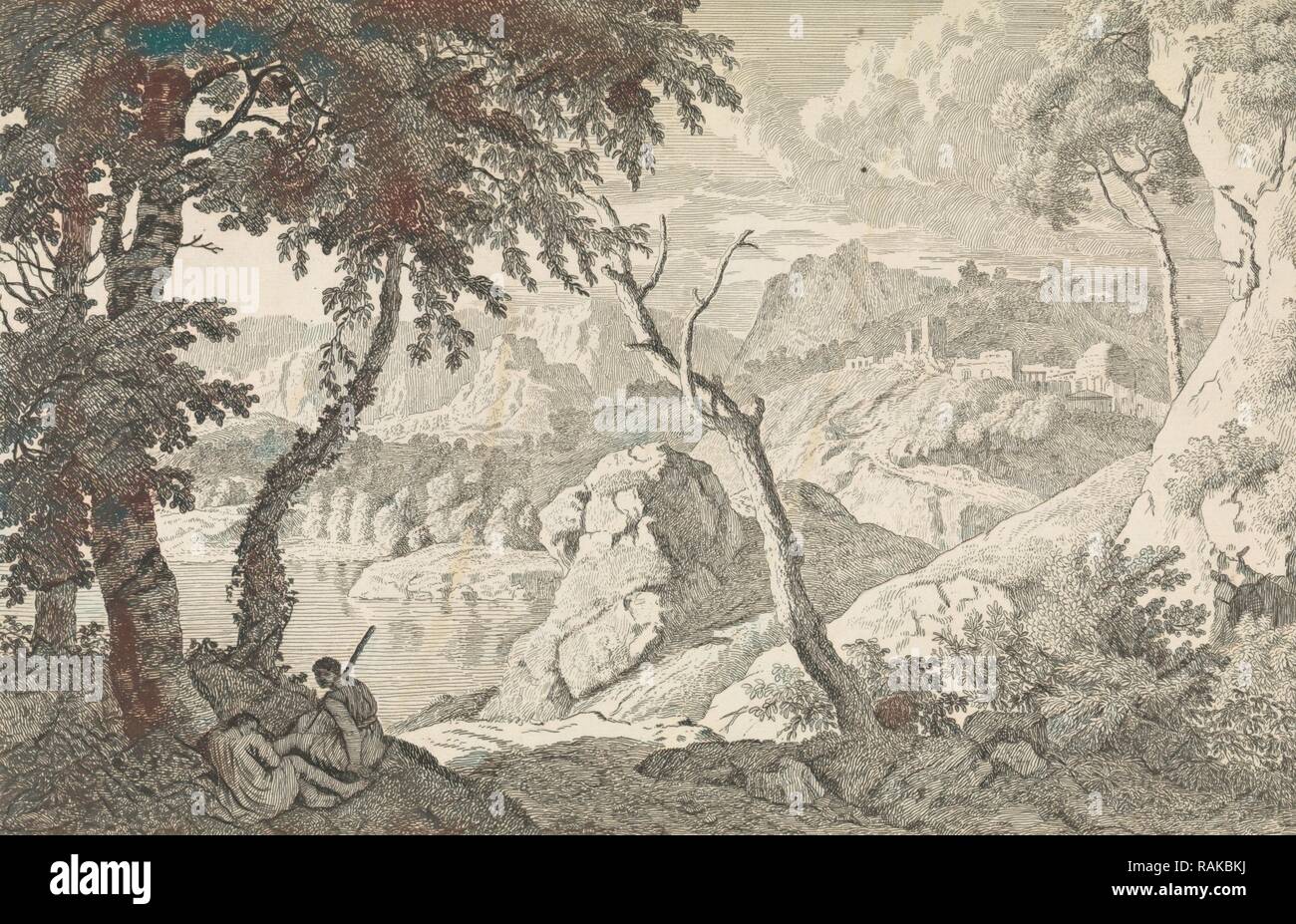 Paysage arcadien avec deux bergers, Johannes Glauber, 1656 - 1726. Repensé par Gibon. L'art classique avec un style moderne repensé Banque D'Images