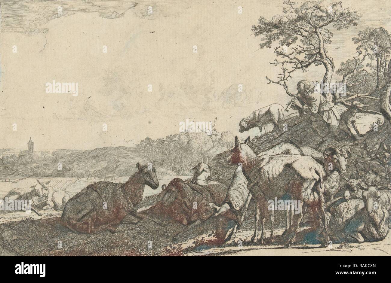 Berger avec chien sur une colline, à jouer sur une flûte, le troupeau de moutons dans l'avant-plan, l'impression bouilloire : Paulus Potter repensé Banque D'Images