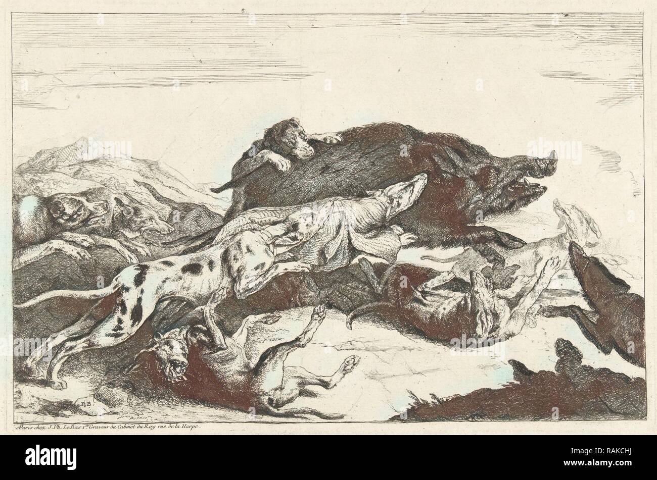 Les chiens chassent un sanglier, Peeter Boel, ch. 1650 - c. 1674. Repensé par Gibon. L'art classique avec une touche moderne repensé Banque D'Images