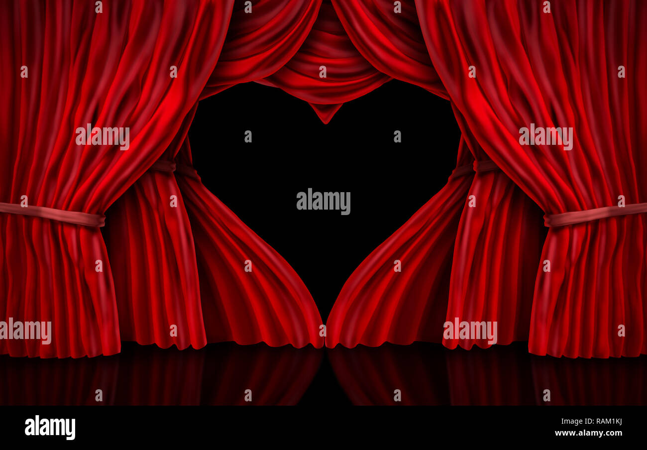 Valentines Day rideaux en velours rouge comme une scène romantique avec des rideaux en forme de cœur comme un 3D illustration. Banque D'Images