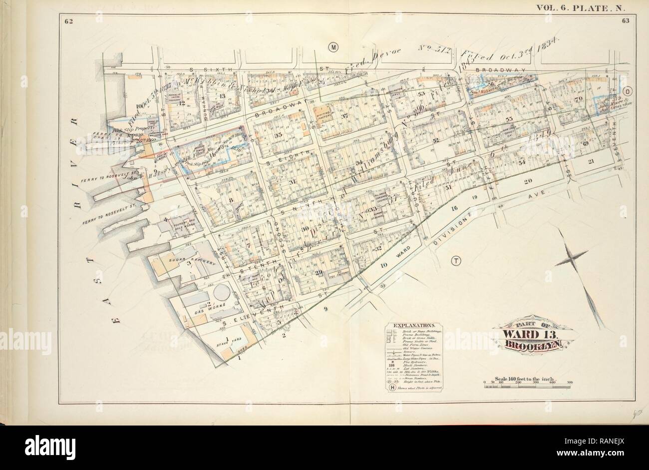 Tome 6. Plaque, N. Site lié par S. Sixième St., Broadway, Seventh St., Division Ave., S. Onzième St., East River repensé Banque D'Images