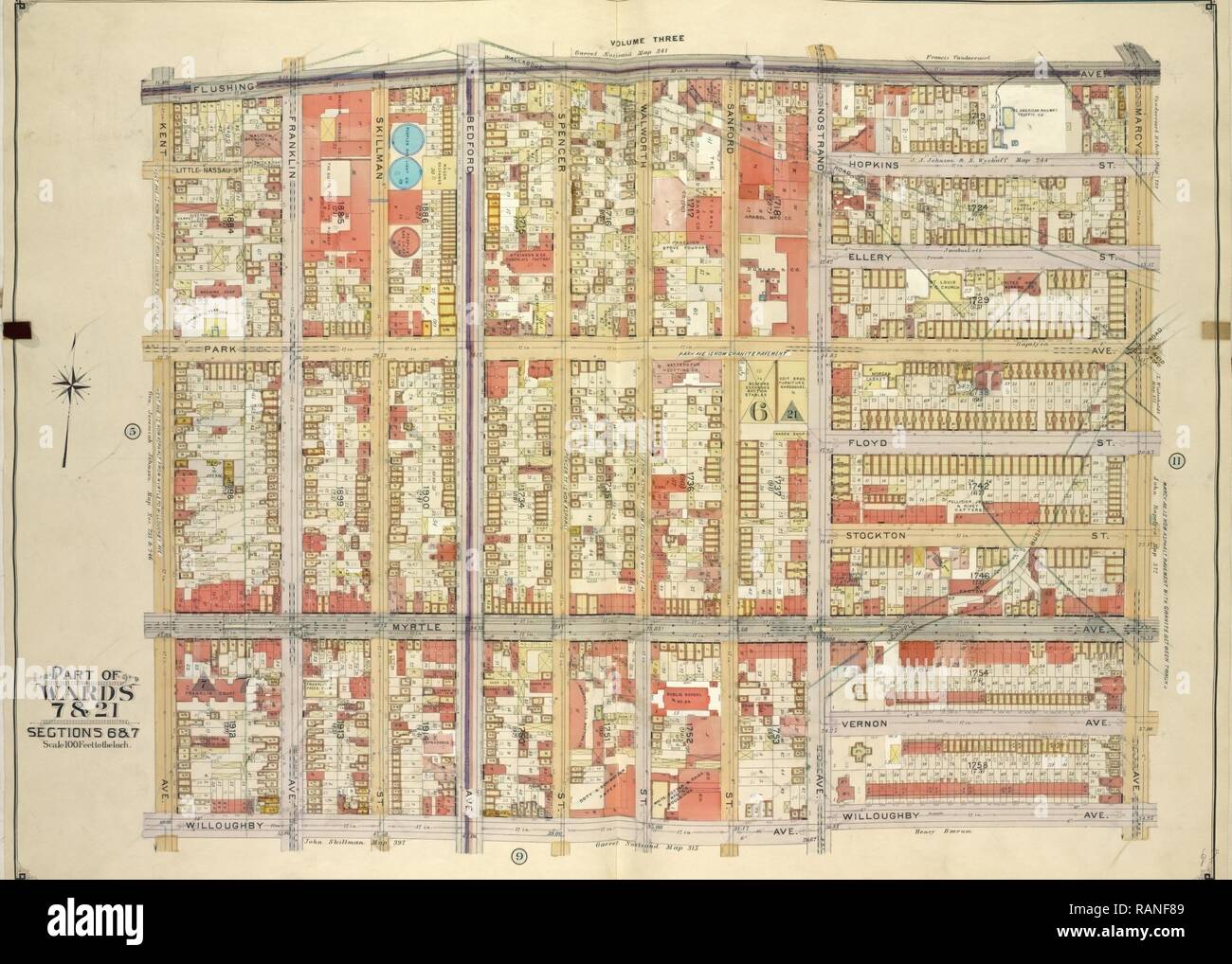 Brooklyn, Volume 2, double plaque Page n° 10, partie de quartiers 7 & 21, sections 6 et 7, la carte délimité par l'Avenue de rinçage, Marcy repensé Banque D'Images