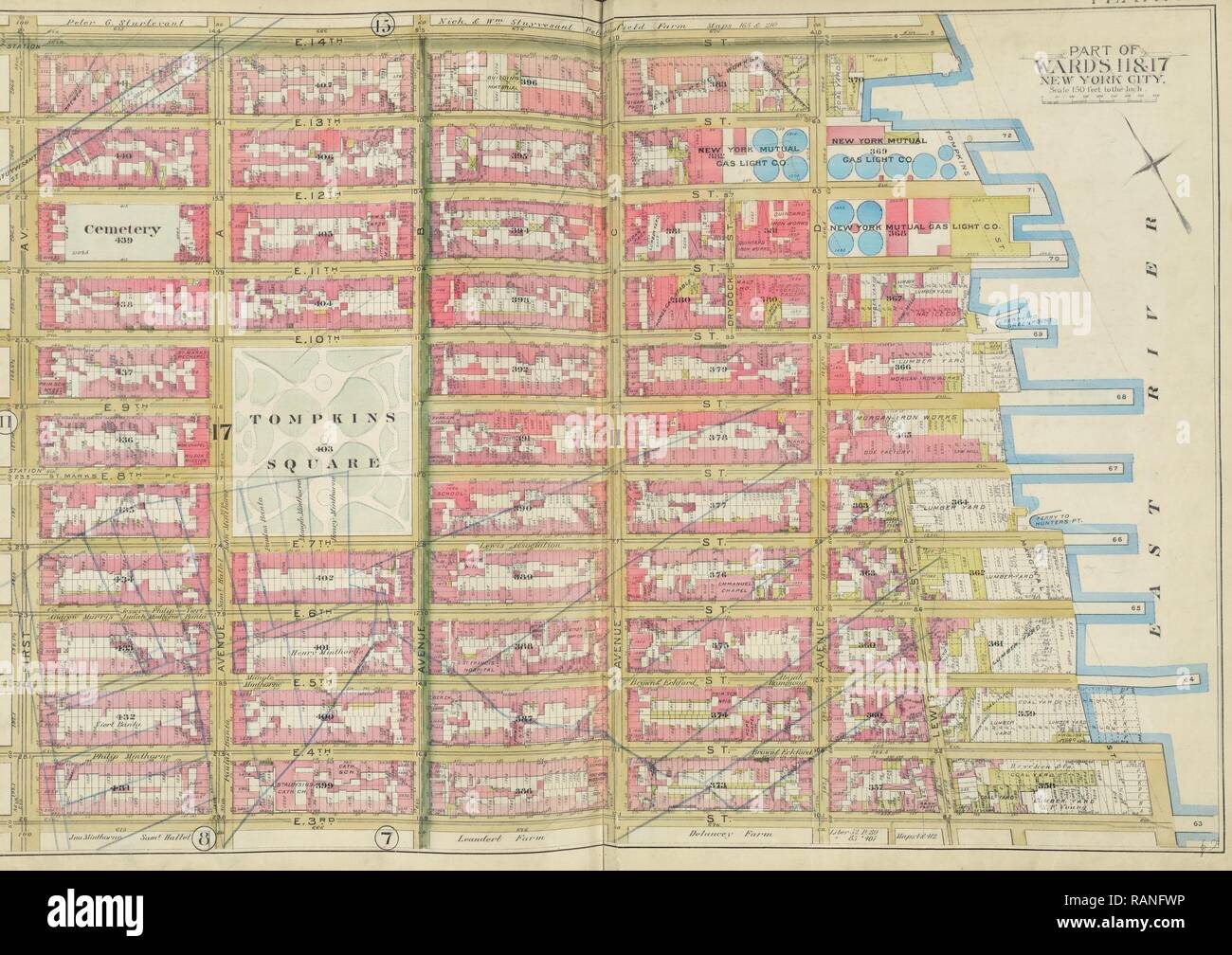 Manhattan, plaque Double Page n° 12 site délimité par la E. 14th St., East River, E. 3e Rue, 1e Avenue, New York, USA repensé Banque D'Images