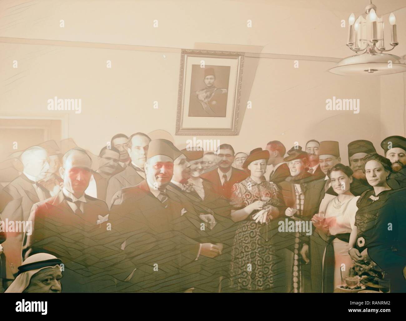 Célébrations de l'anniversaire du roi Farouk à Jérusalem. Groupe dans la salle de réception, avec l'avocat général égyptien Moh repensé Banque D'Images