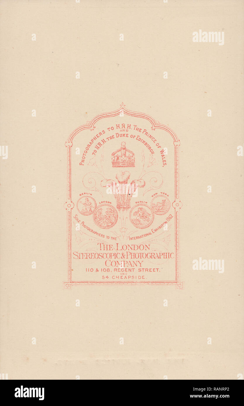 La publicité de l'époque victorienne Carte montrant l'illustration du Cabinet et font de la London Stereoscopic & Photographic Company à Londres. Banque D'Images