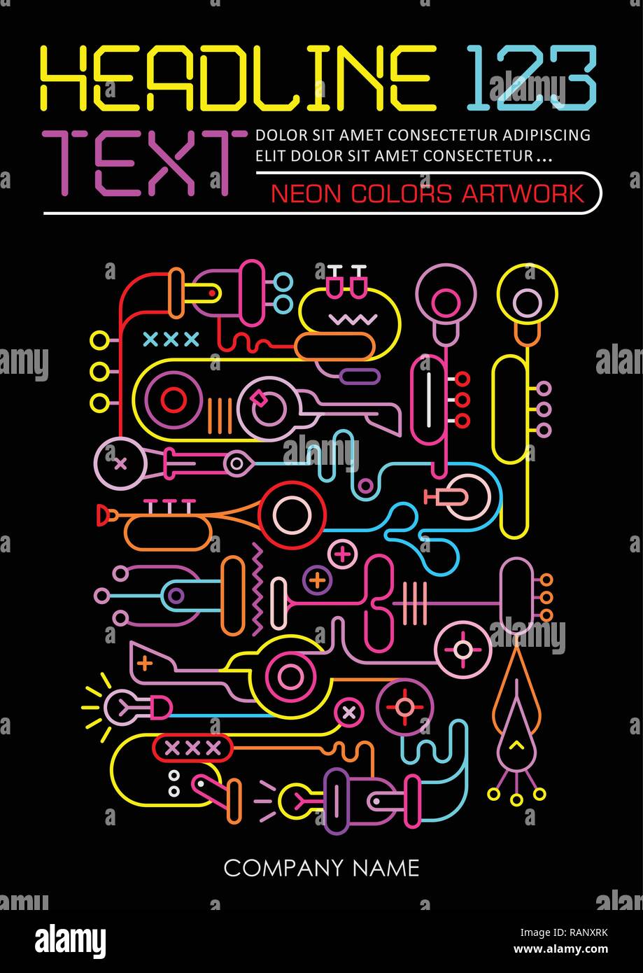 Les couleurs néon sur fond noir Abstract Art Design vector illustration. Front page Magazine, modèle de format A4. Brochure Brochure Mise en page, maquette, bo Illustration de Vecteur