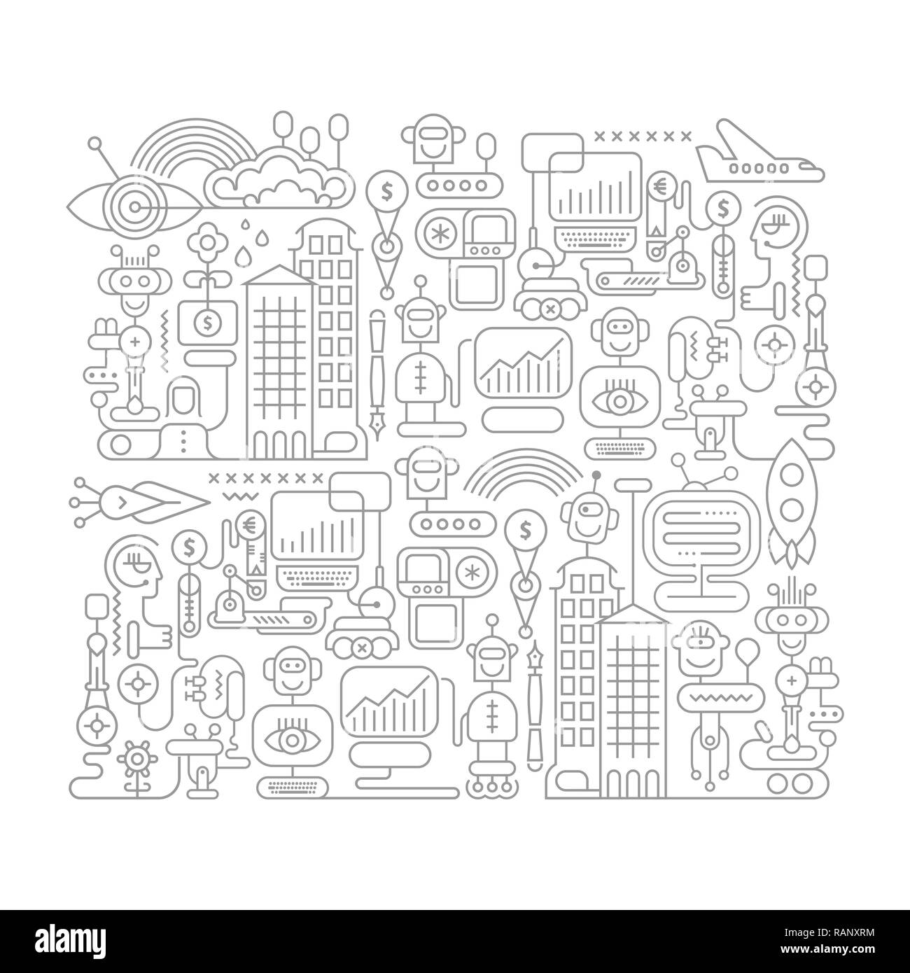 Gray Line art isolé sur un fond blanc Robot City vector illustration. Illustration de Vecteur