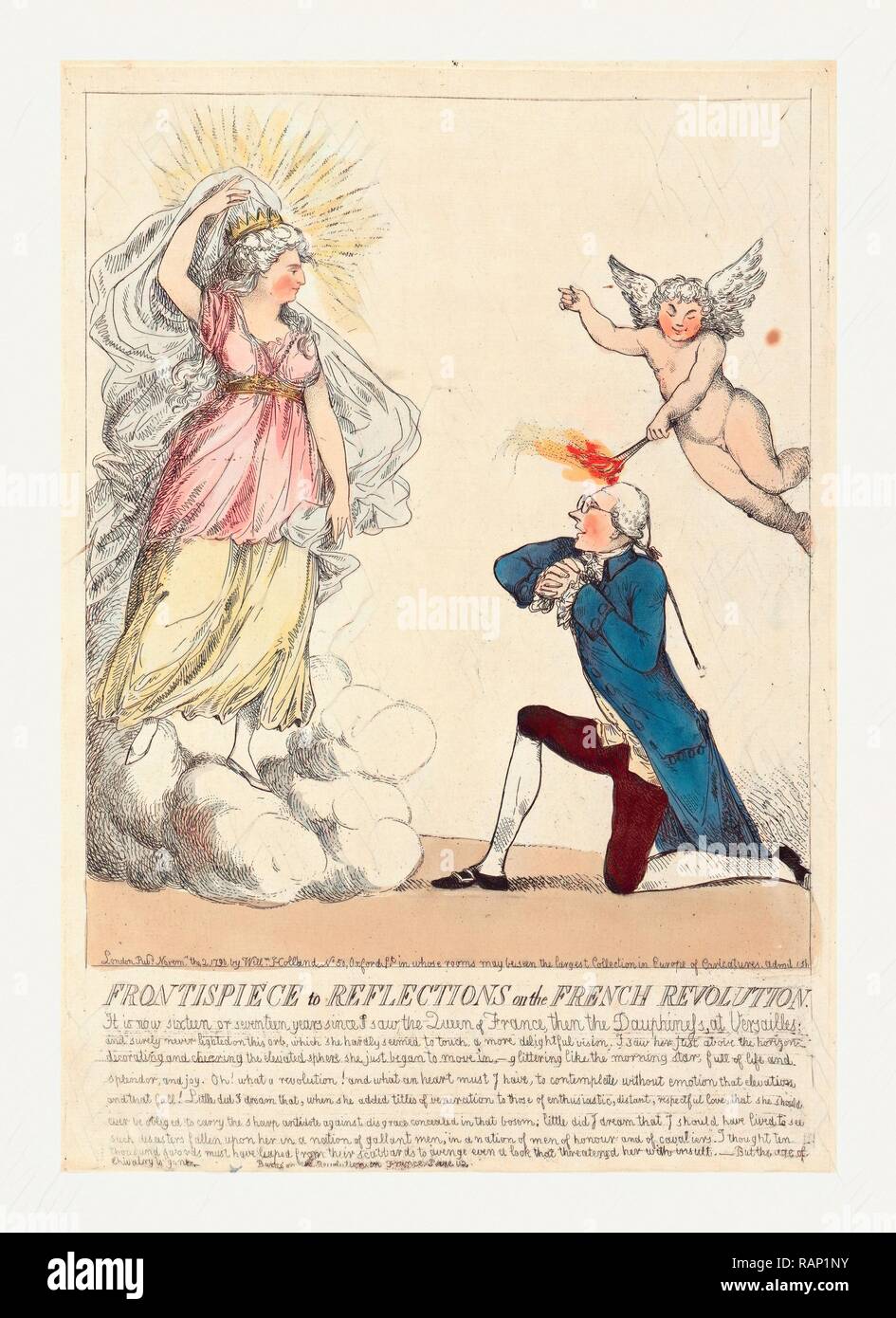 Frontispice de réflexions sur la révolution française, gravure 1790, Edmund Burke à genoux comme si proposer repensé Banque D'Images