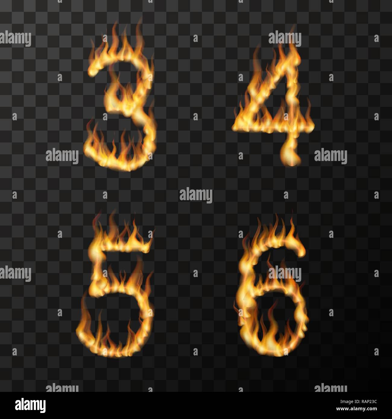 Fire flames réaliste lumineux en 3 4 5 6 lettres de forme, bain font  concept sur transparent Image Vectorielle Stock - Alamy