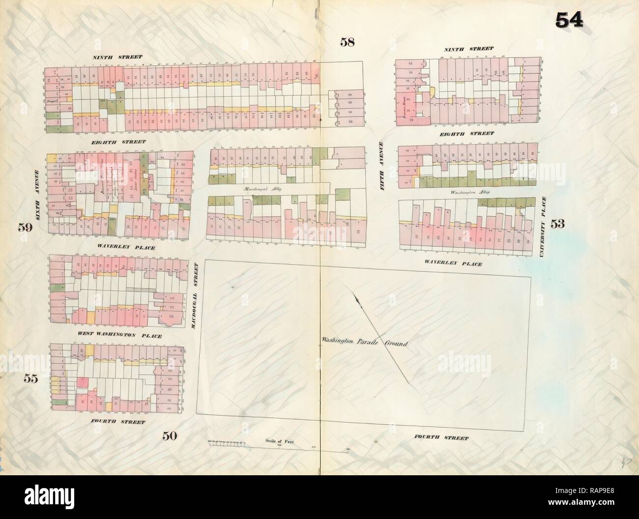 54 de la plaque : Site délimité par la 9e Rue, Université, 4e Rue, 6e Avenue. 1857, 1862, Perris et Browne, nouveau repensé Banque D'Images