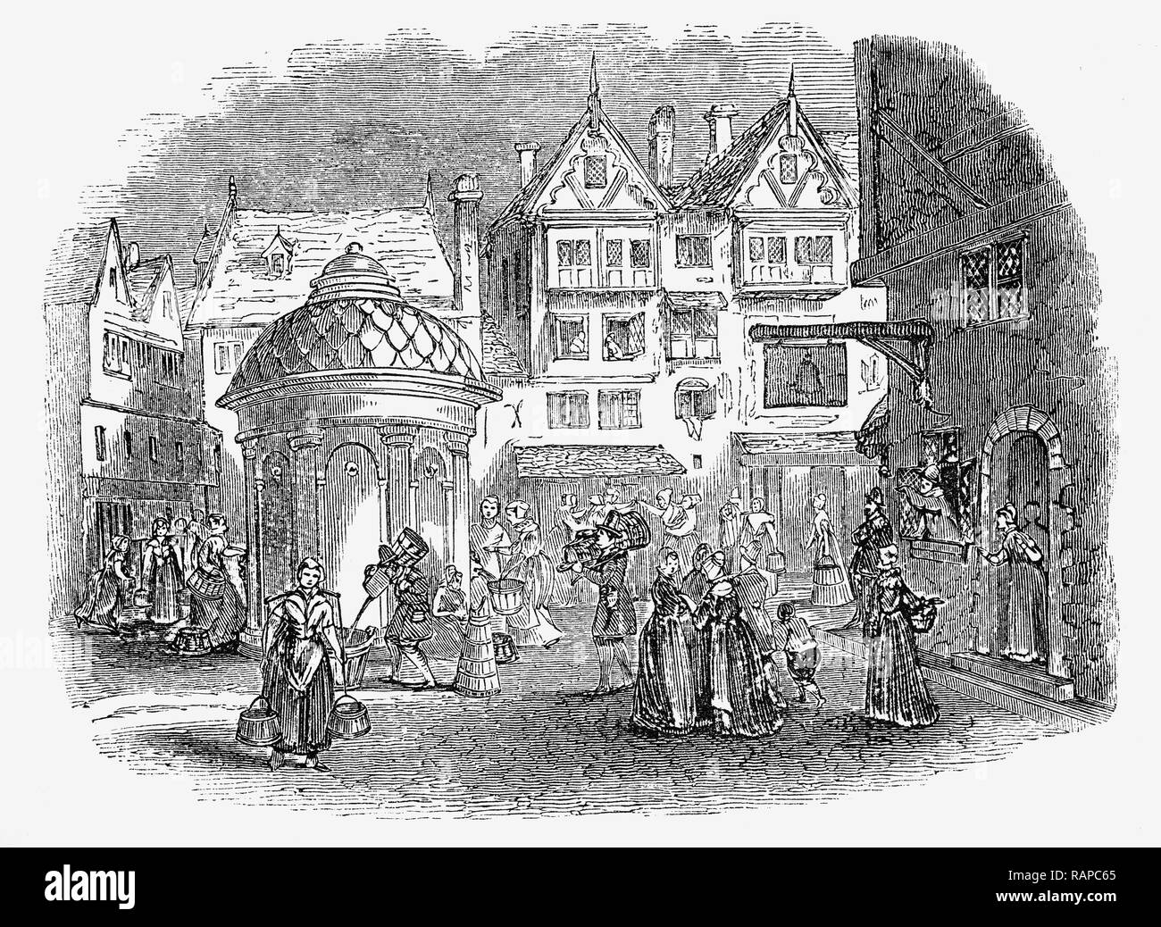 Hogarth's print intitulée "Tittle-Tattle' illustrant comment les femmes du 17ème siècle se sont rencontrés et se sont réunis autour des conduites de collecte de l'eau fraîche et de rumeurs, dans la ville de Londres, en Angleterre. Banque D'Images