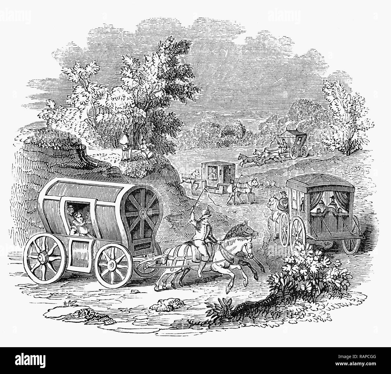 Hackney coaches. Suivant la réglementation de l'Hackney-Coachmen à Londres et les endroits à proximité en 1654, pour remédier à la grande irrégularité de Hackney Coaches et Hackney Coachmen à Londres, Westminster et les lieux alentours. Le premier chariot d'hackney date de 1662 licences d'une loi fédérale instituant les commissaires de Scotland Yard pour les réglementer. Banque D'Images