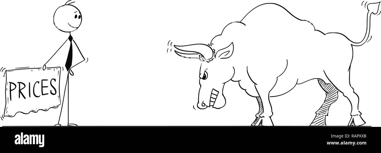 Caricature de Businessman Torero provoquant la hausse des prix de marché de Bull en tant que symbole avec un chiffon ou Muleta Illustration de Vecteur