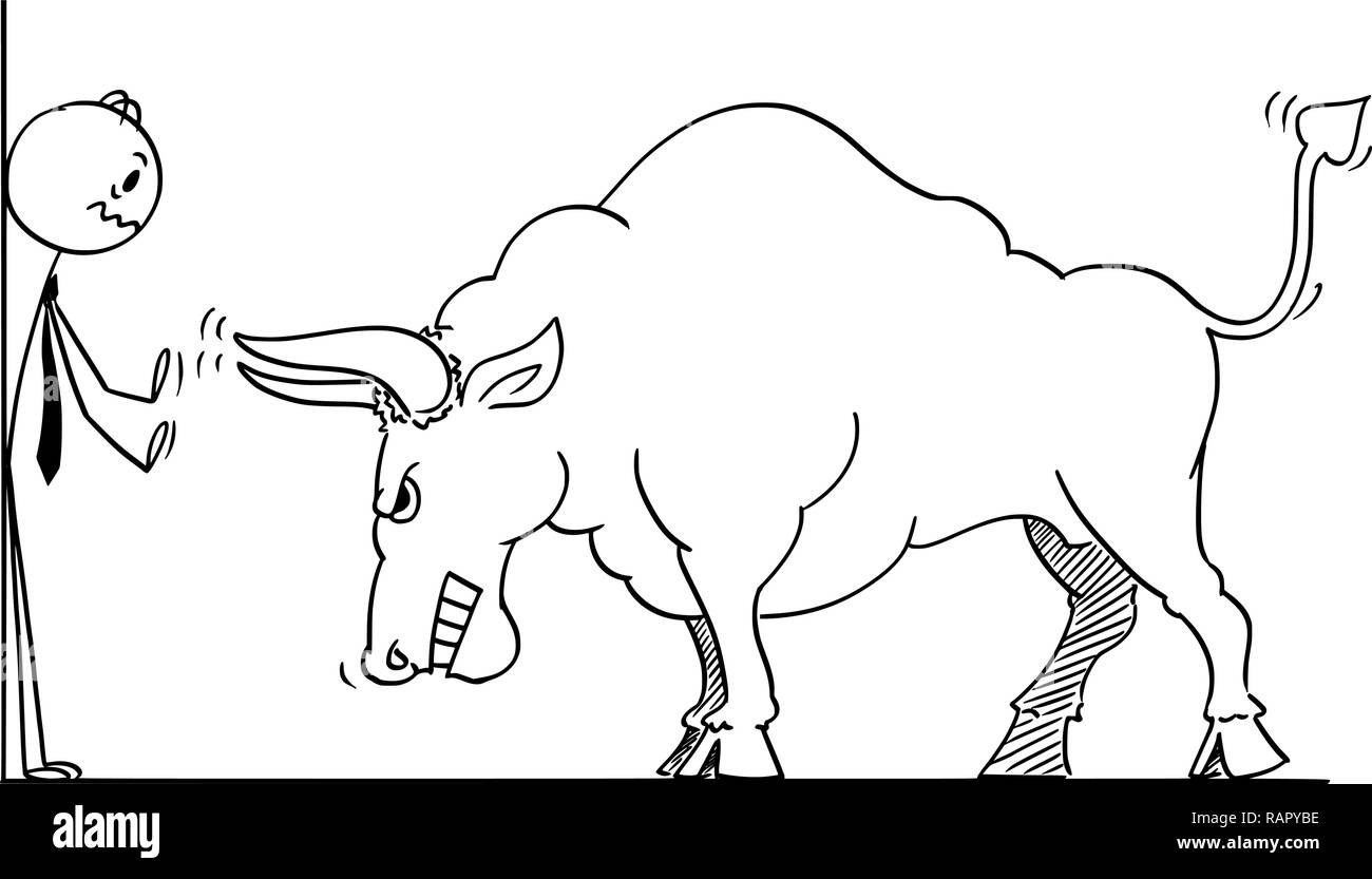 Caricature de Businessman poussé dans coin par Bull comme la hausse des prix du marché Cote Illustration de Vecteur