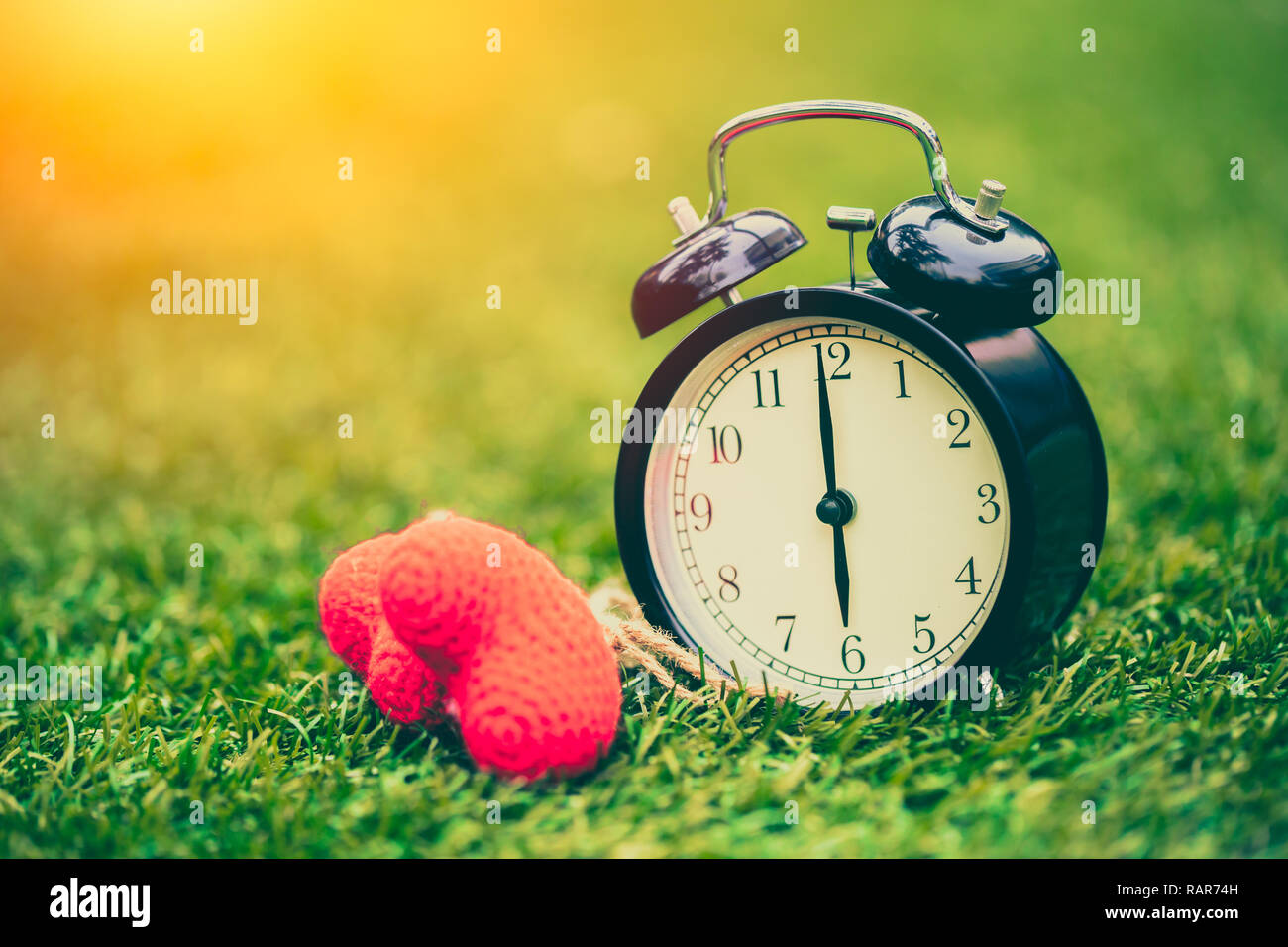 Retro Vintage vieux réveil sur l'herbe verte avec cœur amour fois concept de mémoire. Banque D'Images