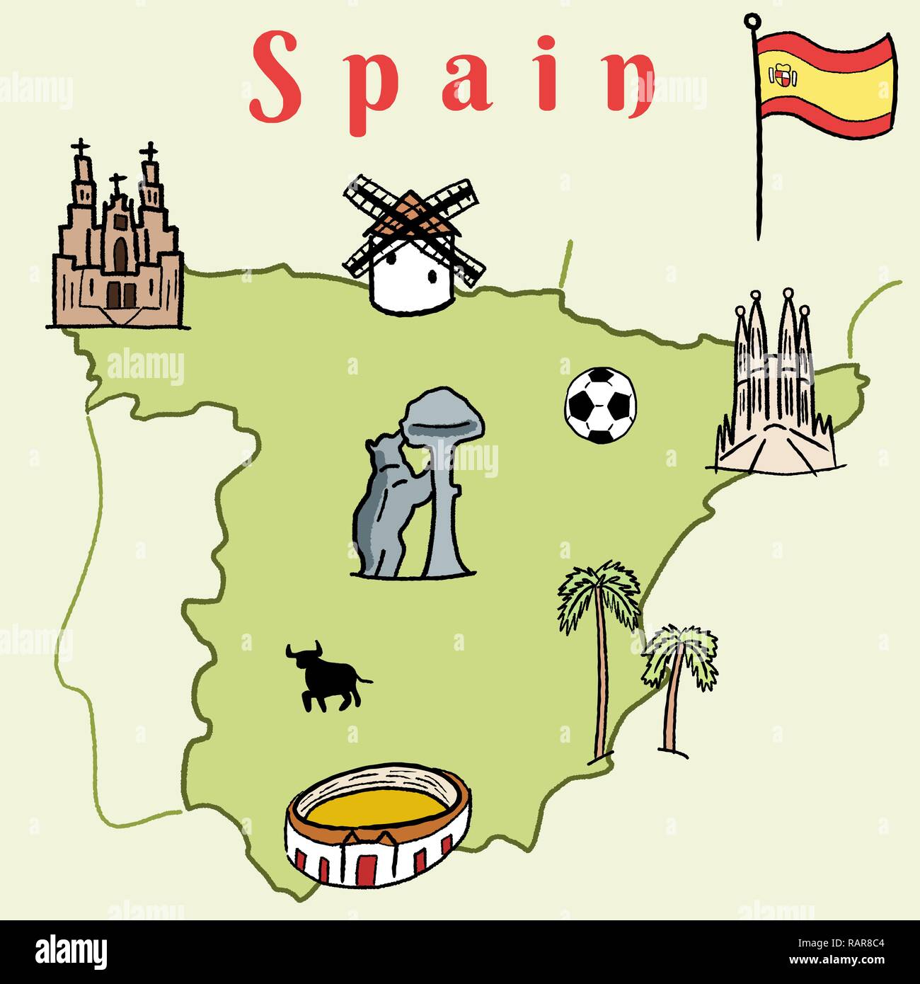 Espagne - Carte repères graphiques vectoriels doodle mignon avec Madrid, Barcelone, Santiago de Compostelle, Séville et le football. Illustration de Vecteur