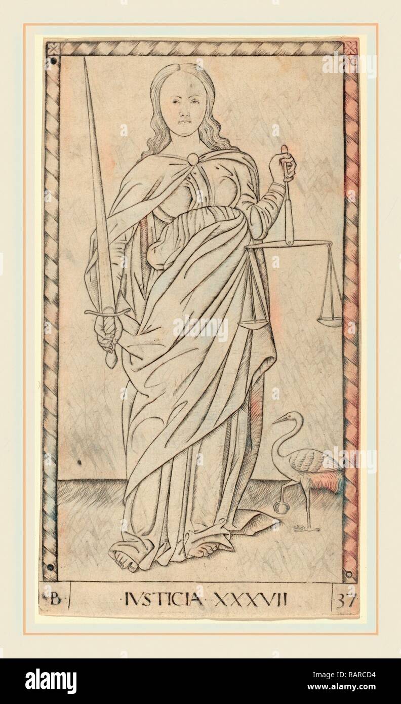 Maître de l'E-Series Tarocchi (Italien, actif c. 1465), Justicia (la justice), ch. 1465, gravure. Repensé Banque D'Images