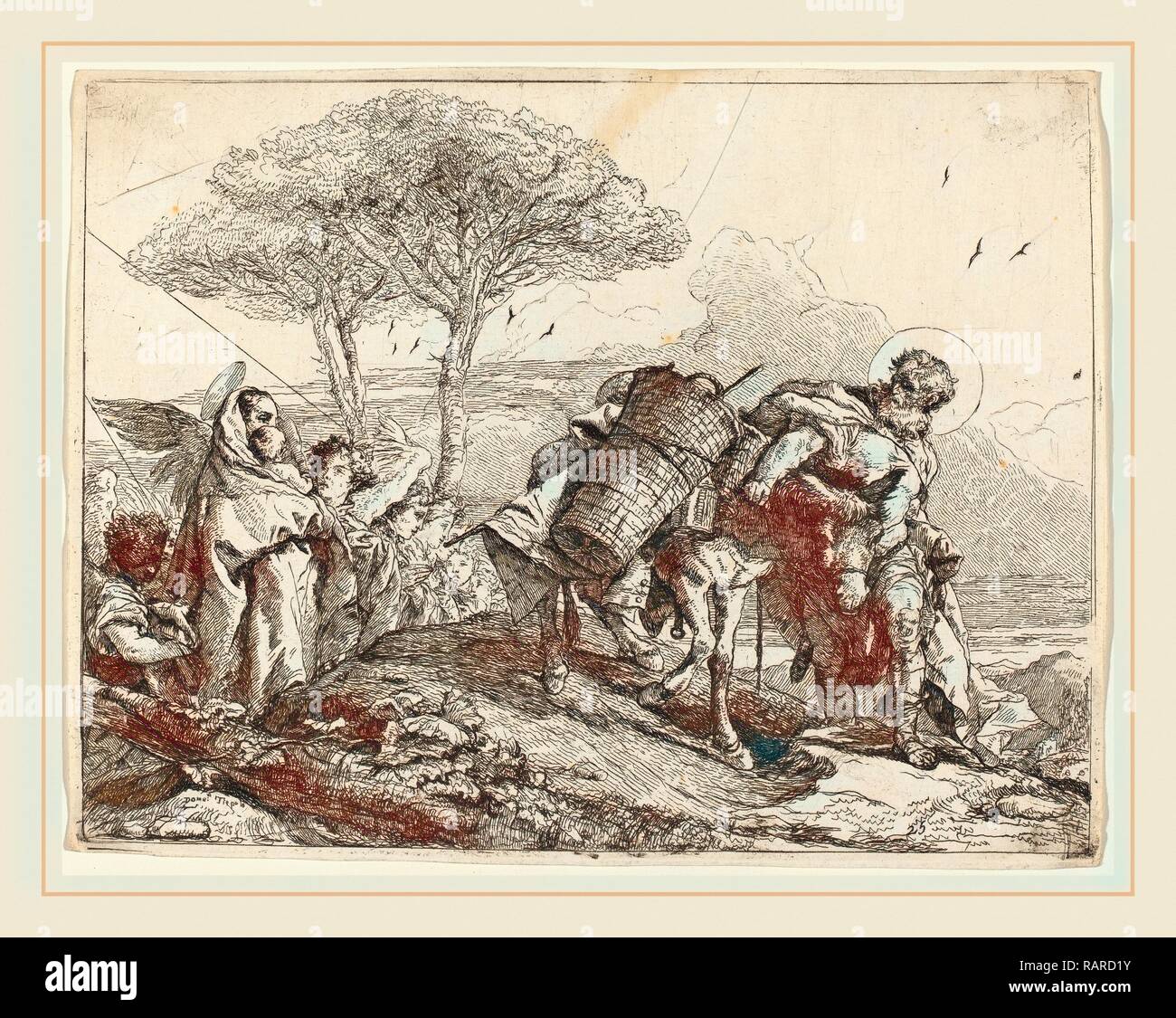 Giovanni Domenico Tiepolo (Italien), Bassano Jacopo, La Vierge et l'enfant à gauche, avec un fichier d'anges, publié 1753 repensé Banque D'Images