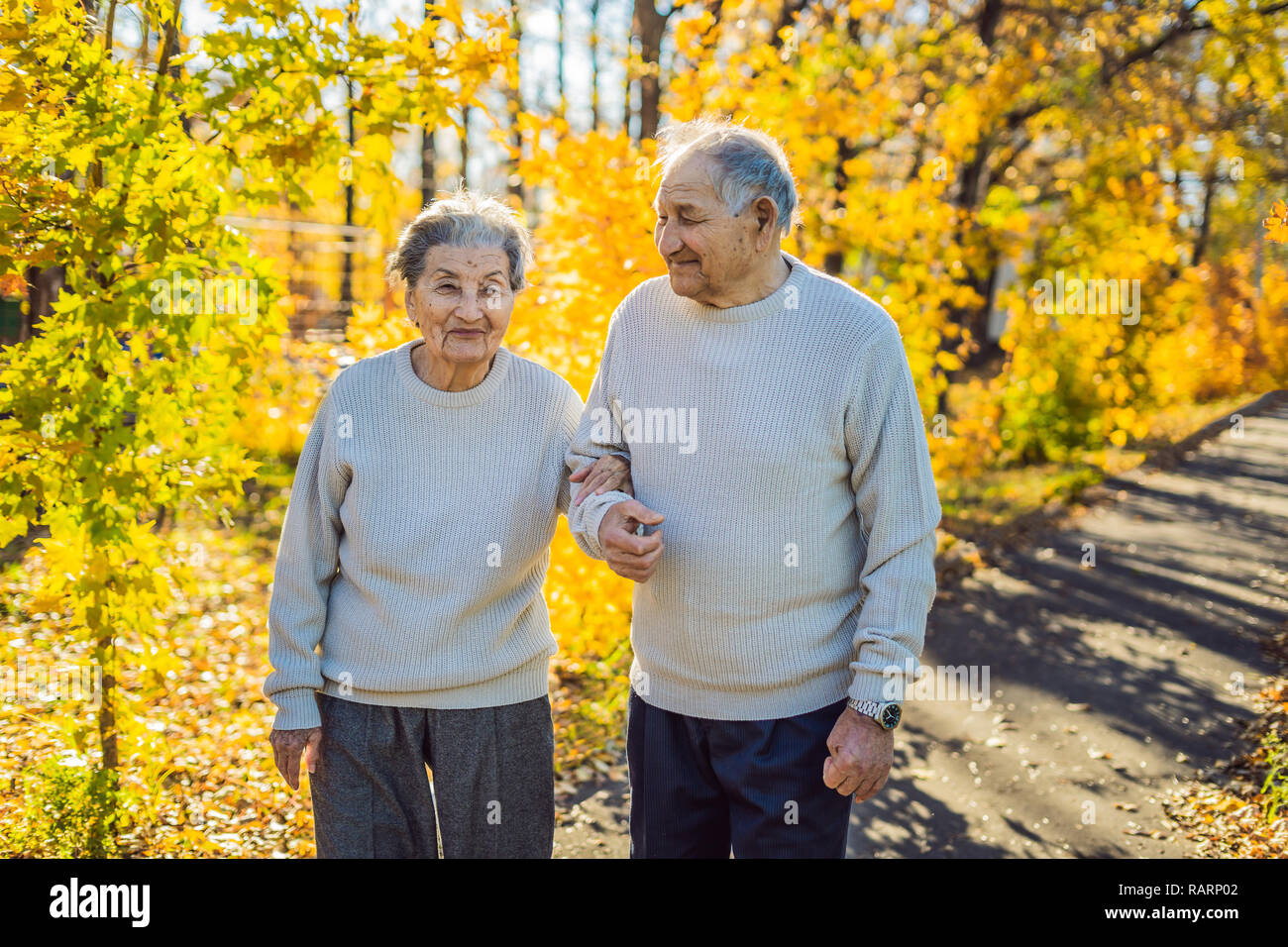 Heureux les personnes âgées dans la forêt d'automne. la famille, l'âge, la saison et les gens concept - happy senior couple marchant sur les arbres d'automne background Banque D'Images